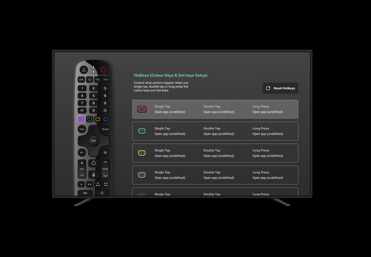 The setup app's hotkeys screen on a TV, next to the Smart BT Remote