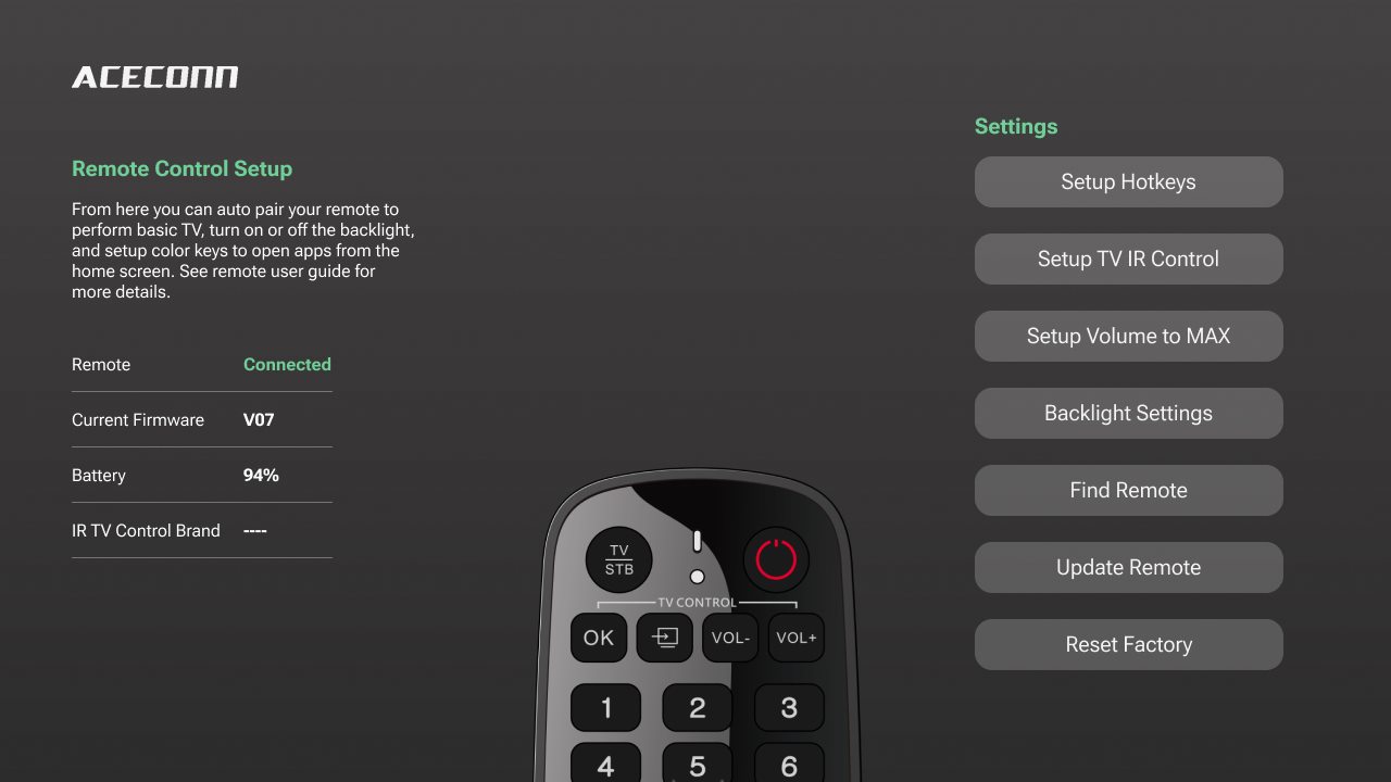 Remote Control Setup home screen with connection, firmware and battery status and the settings menu